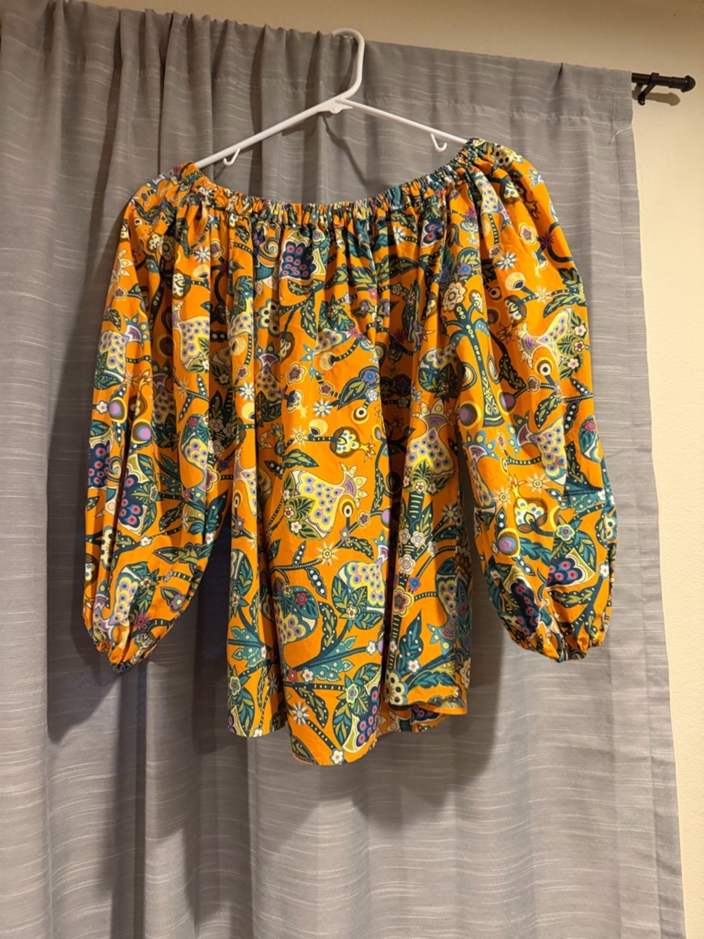 LA DoubleJ Mustard Yellow Floral Off-Shoulder Blouse